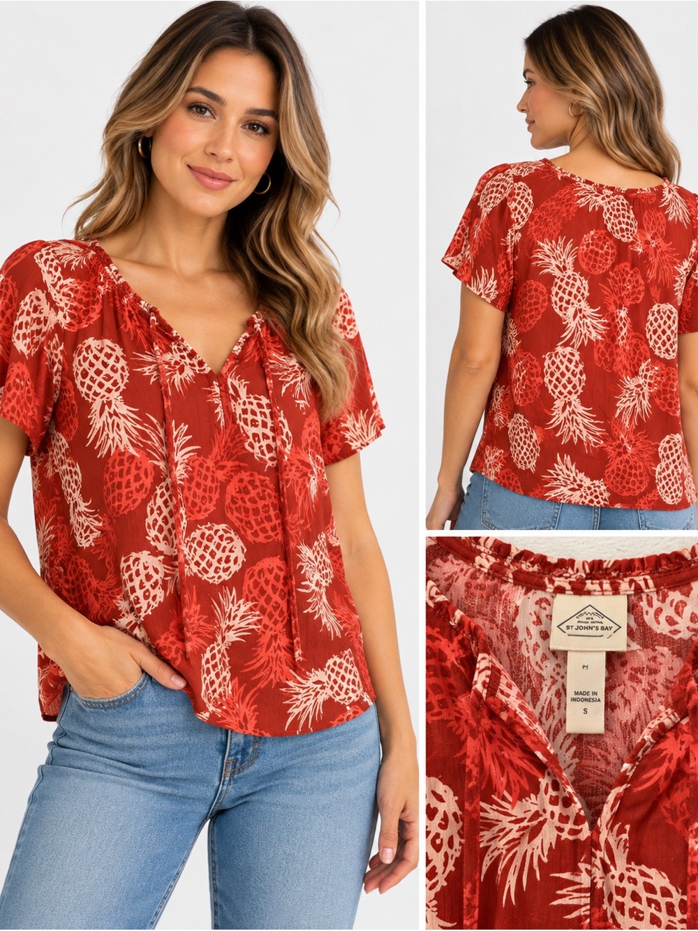 St. John’s Bay Women’s M Pineapple Print Blouse Red Coral Short Sleeve NWT